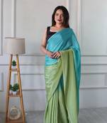 ready to wear aqua green chinon solid saree