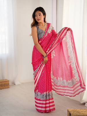 Pink chinon printed saree 5