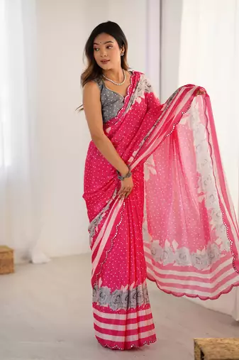 Pink chinon printed saree