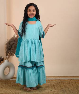 Blue cotton woven kurta sharara with dupatta 1