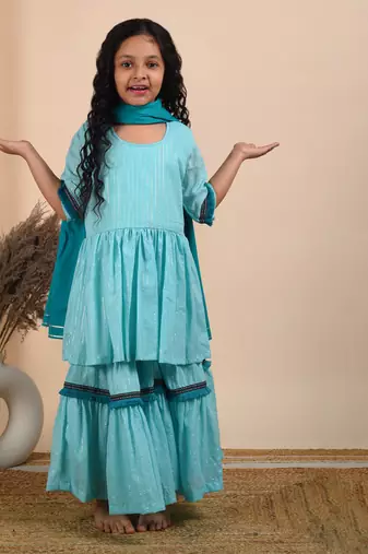 Blue cotton woven kurta sharara with dupatta
