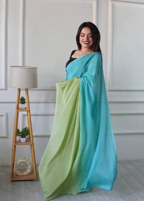 pre draped aqua green chinon solid saree 2