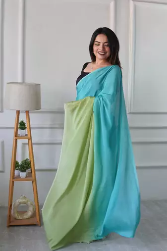 pre draped aqua green chinon solid saree