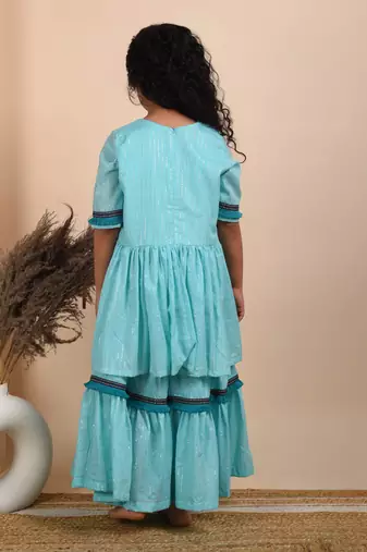Blue cotton woven kurta sharara with dupatta