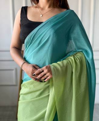 pre draped aqua green chinon solid saree 3