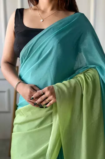 pre draped aqua green chinon solid saree