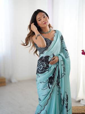 Sea green chinon printed saree 3