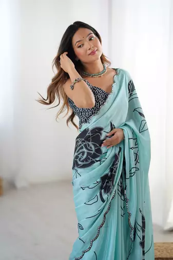 Sea green chinon printed saree
