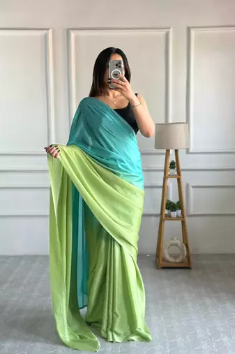 pre draped aqua green chinon solid saree