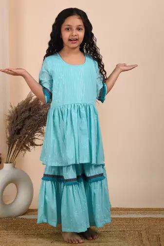 Blue cotton woven kurta and sharara