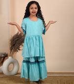 Blue cotton woven kurta and sharara