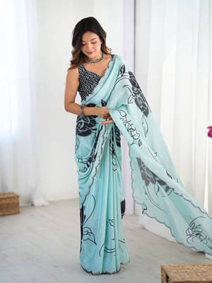 Sea green chinon printed saree 4