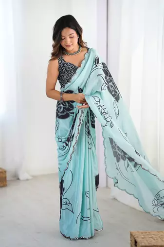 Sea green chinon printed saree