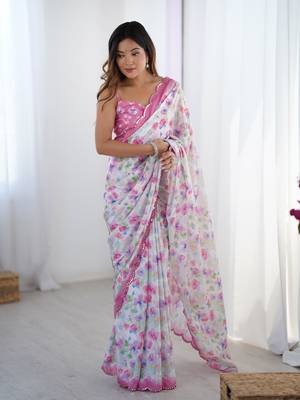 Off white chinon printed saree 1