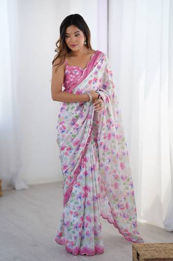 Off white chinon printed saree