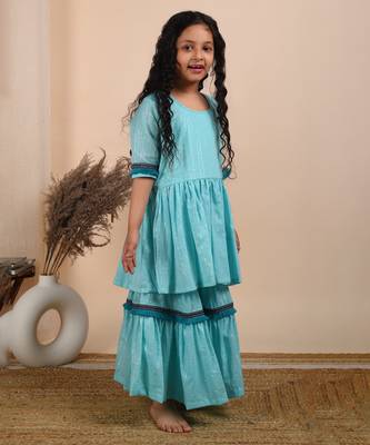 Blue cotton woven kurta and sharara 4