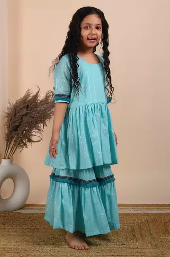 Blue cotton woven kurta and sharara