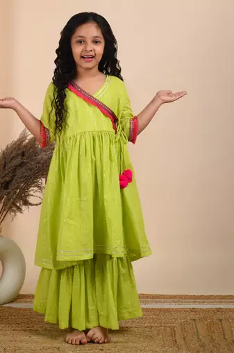Green cotton woven kurta and sharara