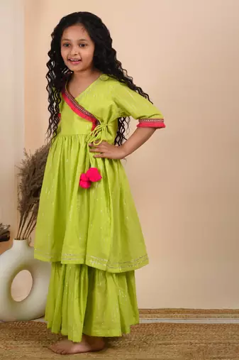 Green cotton woven kurta and sharara