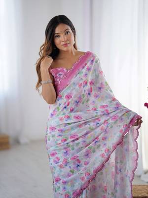 Off white chinon printed saree 3