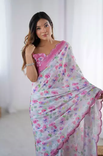 Off white chinon printed saree
