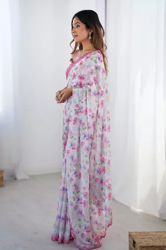 Off white chinon printed saree
