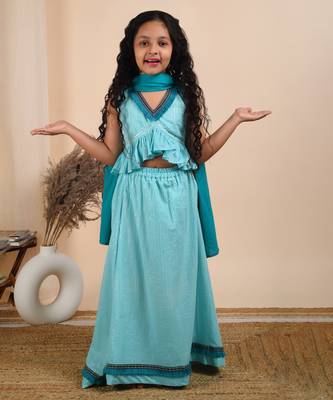 Blue cotton woven lehenga top with dppatta 1