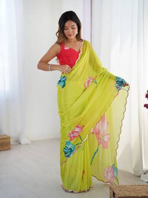 Green chinon printed saree 1