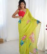 Green chinon printed saree