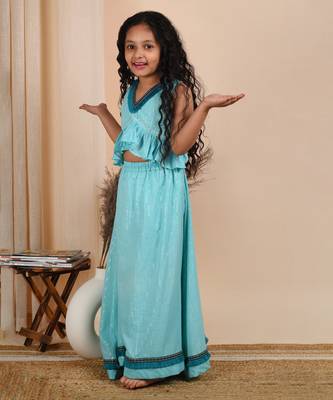 Blue cotton woven lehenga top with dppatta 2