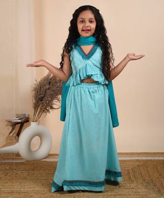 Blue cotton woven lehenga with top 1