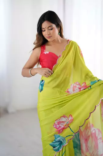 Green chinon printed saree