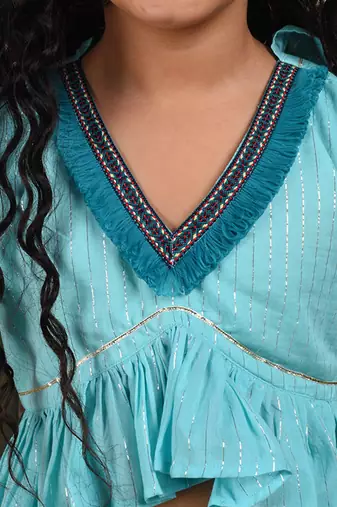 Blue cotton woven lehenga with top