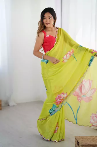 Green chinon printed saree