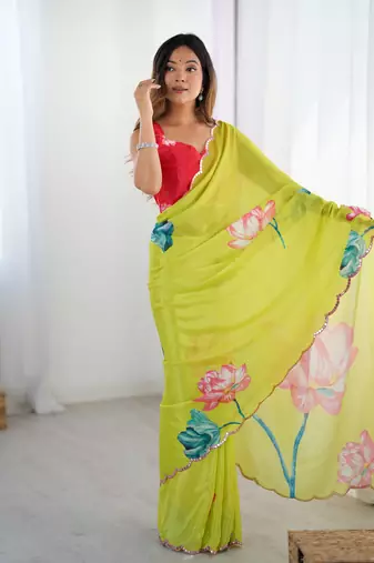 Green chinon printed saree