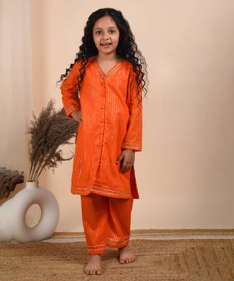 Orange cotton woven kurta paired with palazzo 1