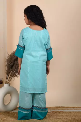 Blue cotton woven kurta paired with palazzo