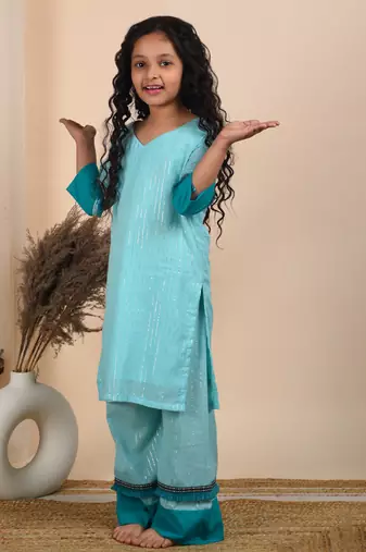 Blue cotton woven kurta paired with palazzo