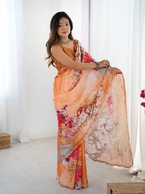 Orange chinon printed saree 1