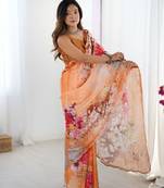 Orange chinon printed saree
