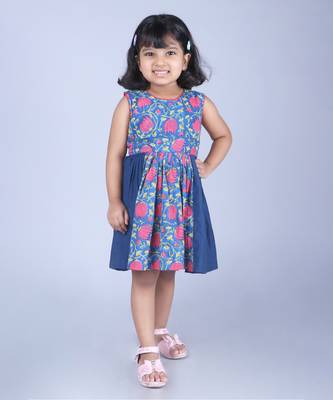 Blue cotton woven floral printed dress 1