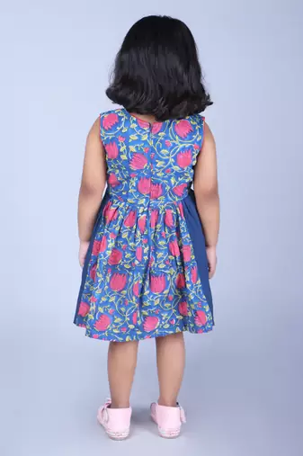Blue cotton woven floral printed dress