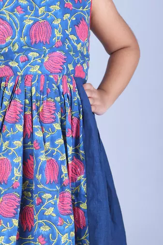 Blue cotton woven floral printed dress