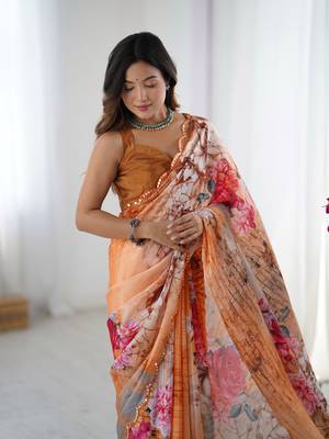 Orange chinon printed saree 3