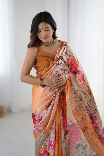 Orange chinon printed saree