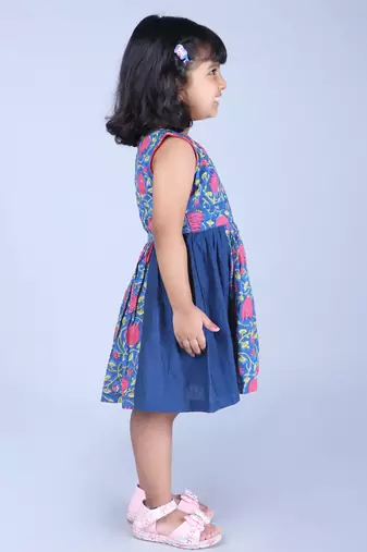 Blue cotton woven floral printed dress