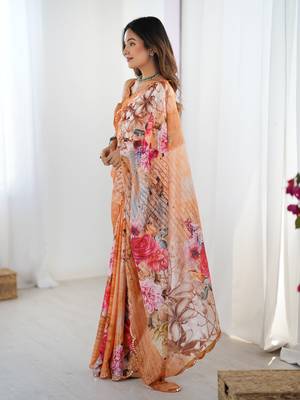 Orange chinon printed saree 4