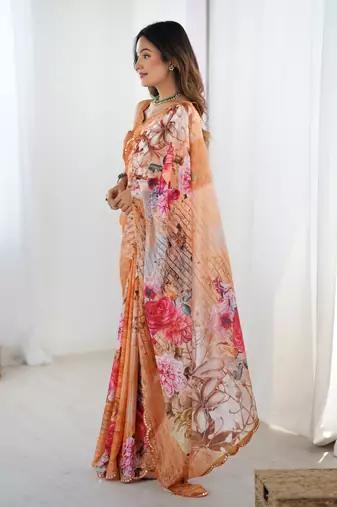 Orange chinon printed saree