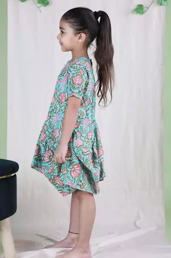 Green cotton woven floral printed dress