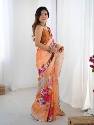 Orange chinon printed saree 5